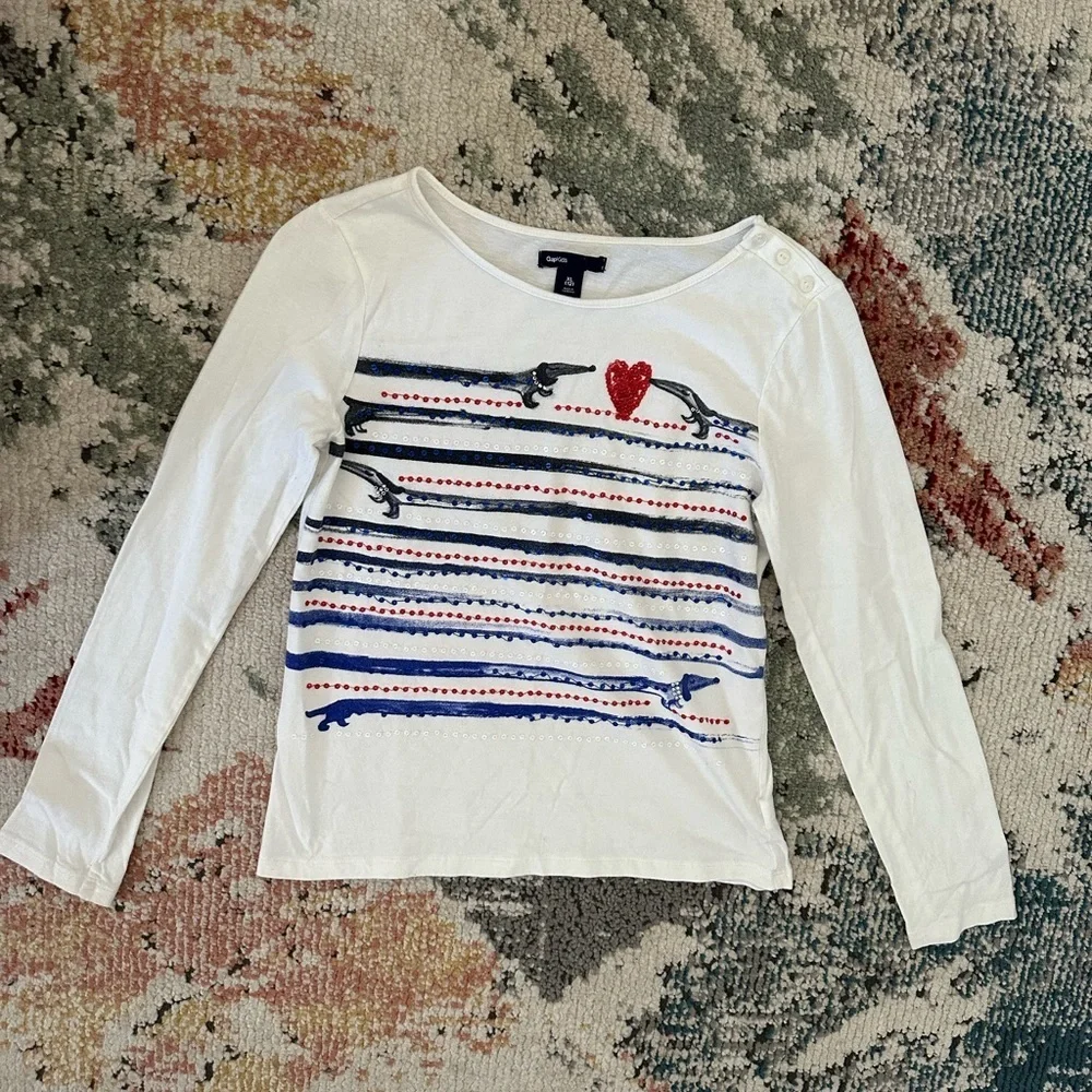 Gap Girls Long Sleeve Cotton Shirt Dachshund Dogs Heart Sequins Paris Type Artsy